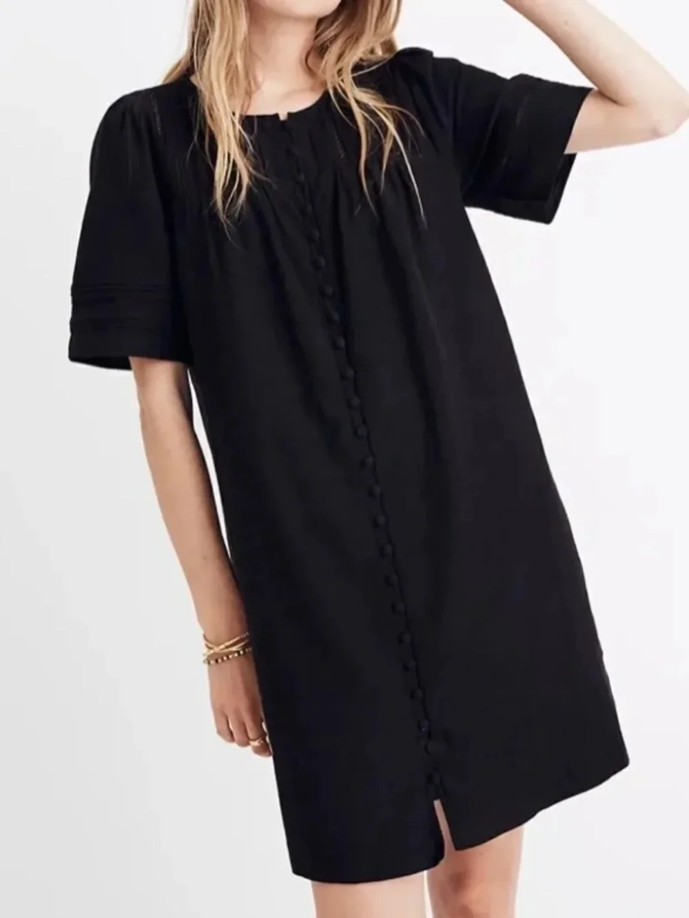 Madewell Pleated Button Front Peasant Shift Dress Black Size XS